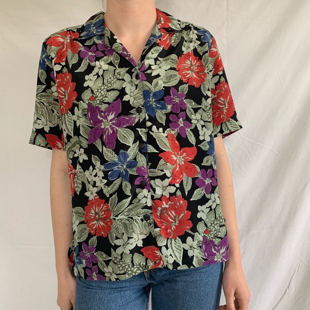 Vintage 90s Multicolor Floral Short Sleeve Blouse - Picture 3 of 5